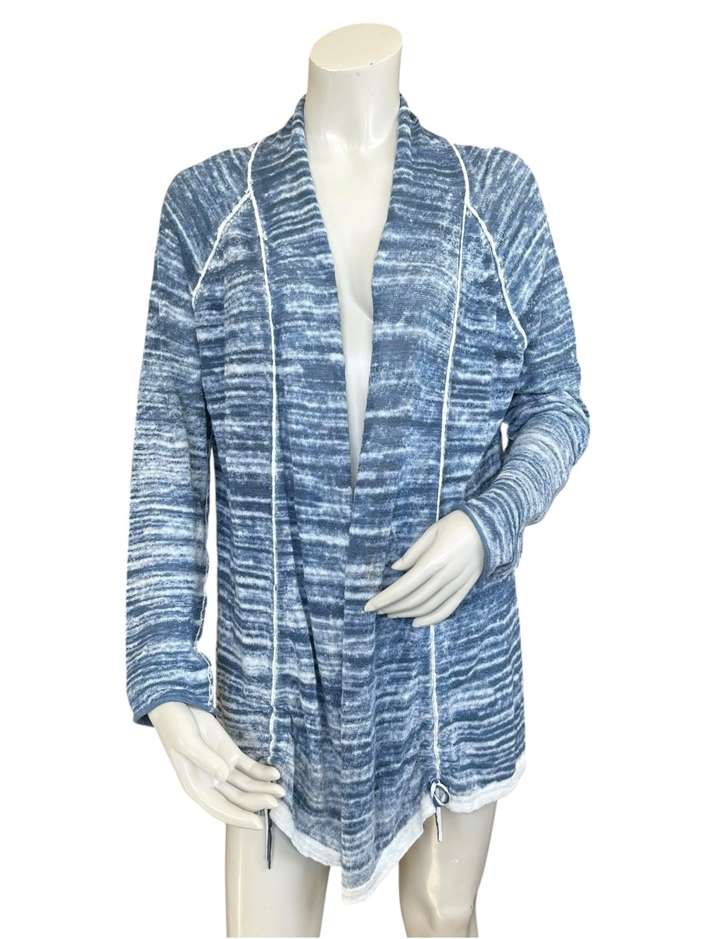 Nic + Zoe Blue and White Ruched Side Linen Blend Airy Open Cardigan Size Large - Picture 2 of 10